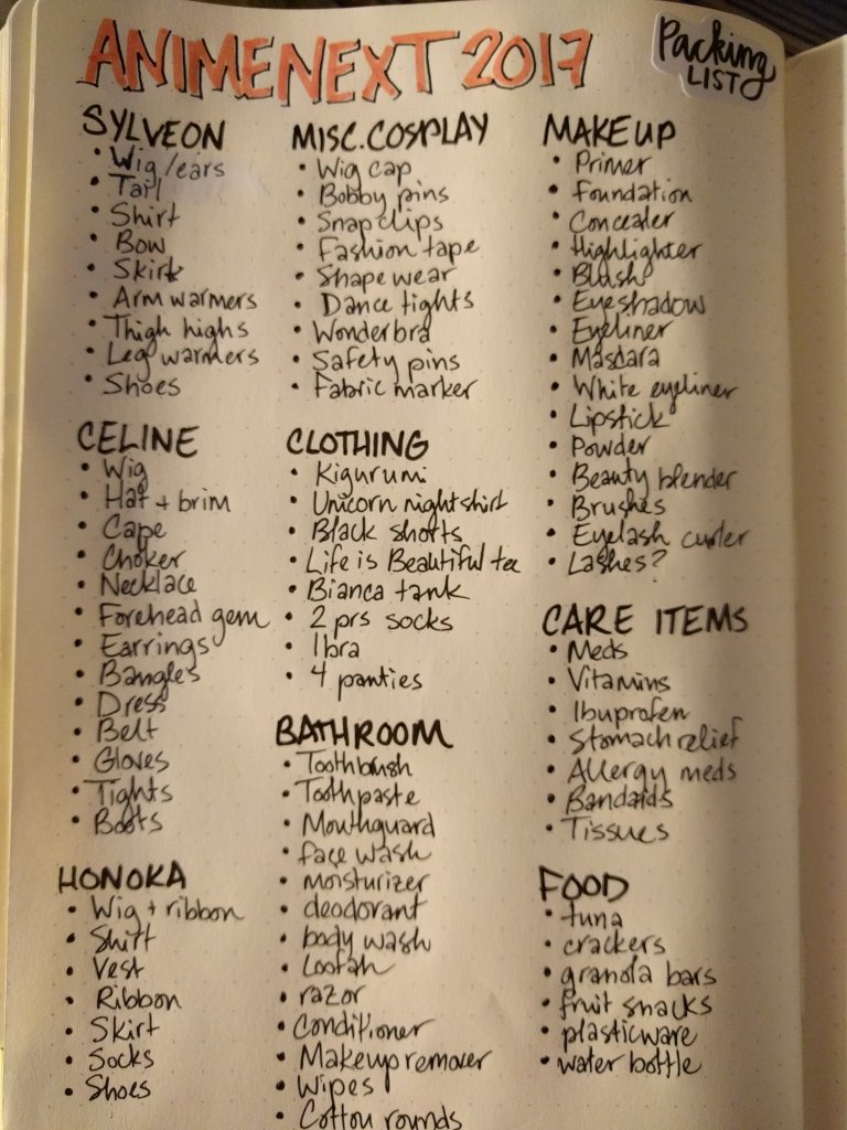 My packing list!